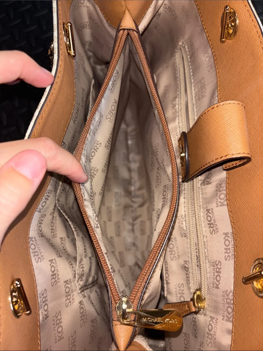 Michael Kors White and Brown MK Logo Chain-Handle Tote